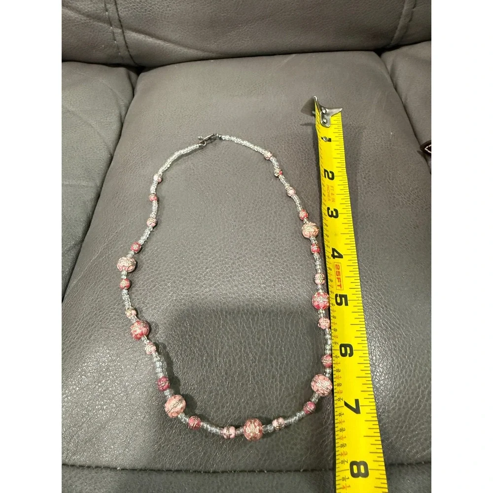 Vintage Style Pink Floral Beaded Necklace Gold Filigree Glass Seed Bead 16 Inch‎